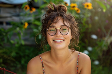Smiling Young Woman with Glasses in a Garden