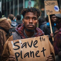 Activist holds up a "Save the Planet" sign during an environmental protest, expressing urgency and advocacy for earth conservation, in a focused call to action for climate change Job 