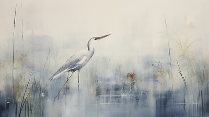 white heron, art work painting in impressionism style, stork on a light gray and blue background, abstract art background in oriental style