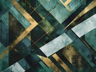 Abstract geometric shapes in various shades of green, gold, and black