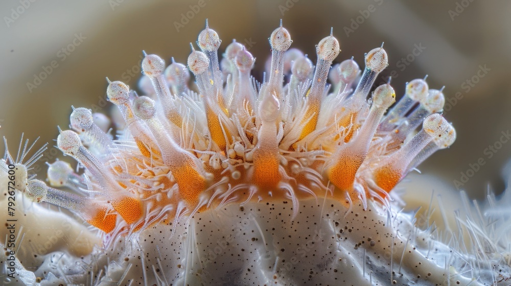 Poster a magnified view of a budding spore with tiny hairlike structures emerging from its surface giving i
