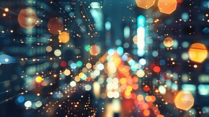 An outoffocus image of a bustling metropolis at night overlaid with blurred networks and nodes visually portraying the interconnectedness of global business and communication in todays . - obrazy, fototapety, plakaty