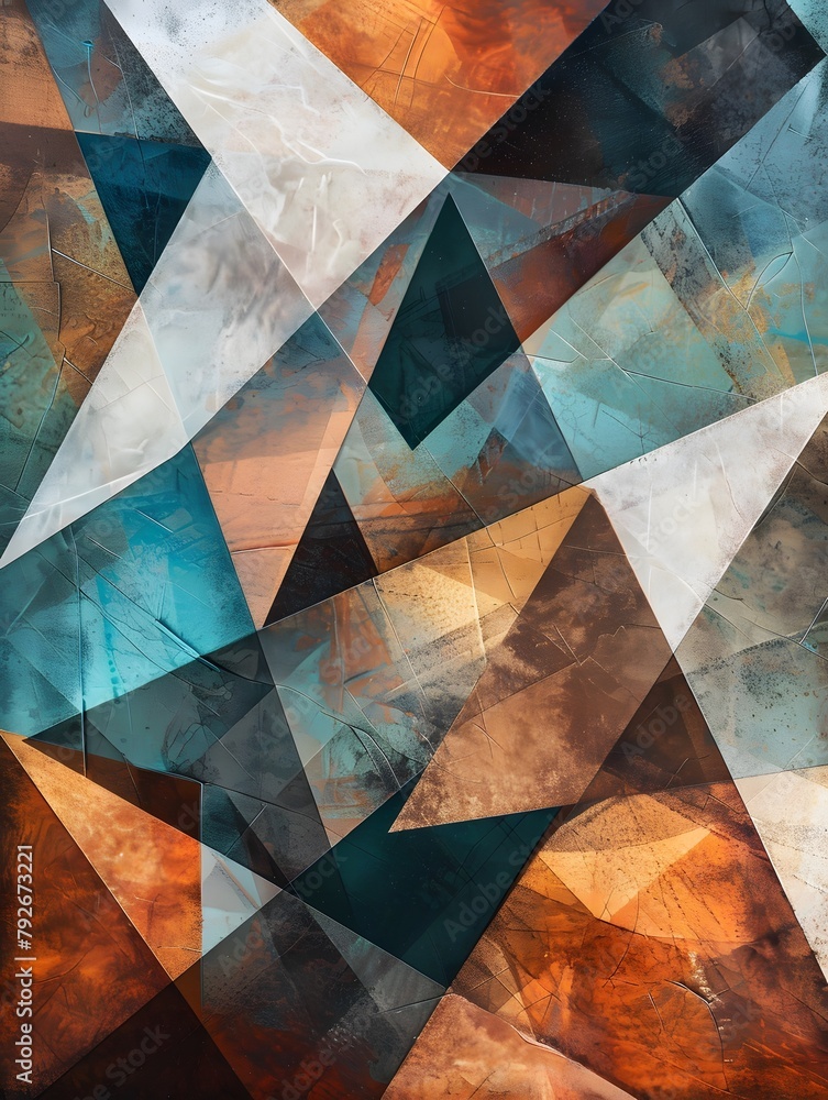 Poster abstract geometric shapes in various colors, moder backdrop, shapes look like they are overlaid on t