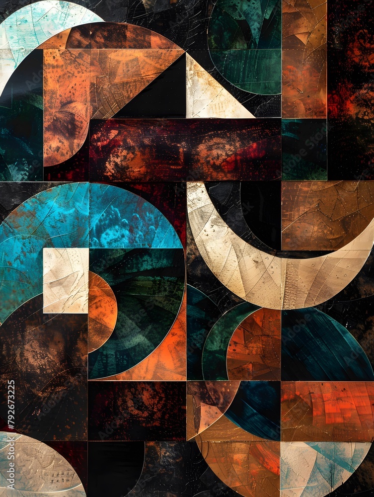 Poster abstract geometric shapes in various colors, moder backdrop, shapes look like they are overlaid on t