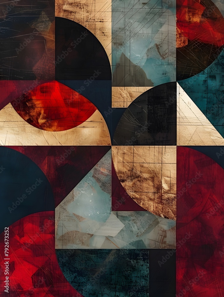 Poster abstract geometric shapes in various colors, moder backdrop, shapes look like they are overlaid on t
