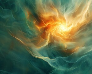 Fototapeta premium An abstract background featuring a central burst of light in a warm, golden hue, surrounded by soft, swirling shapes in cool blues and greens 