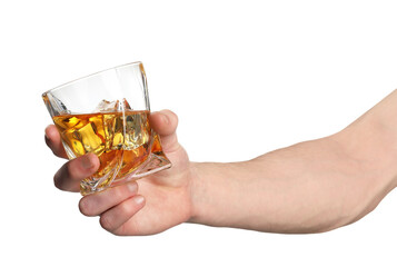 Man holding glass of whiskey with ice cubes on white background, closeup