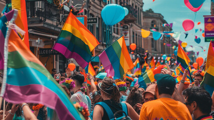 A vibrant Pride parade with colorful flags and exuberant marchers. - obrazy, fototapety, plakaty