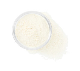 Baking powder in bowl isolated on white, top view