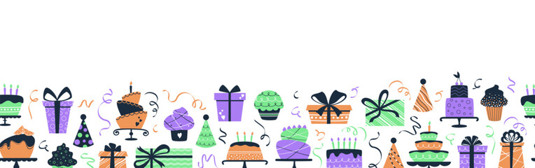 Vector flat seamless border with gift boxes, cakes, balloons and cupcakes