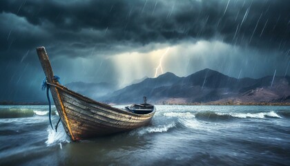 Obraz premium Boat on a Lake in Galilee during a Storm. Matthew 8. 