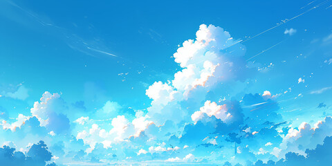 A clear blue sky with fluffy white clouds, creating an enchanting and dreamy atmosphere in the style of anime.