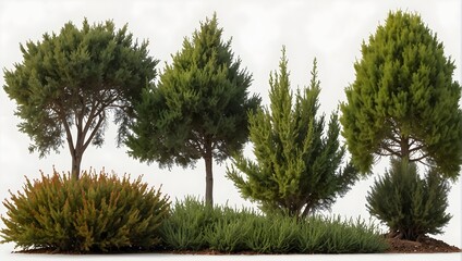 Cypress, Barberry Bush, and Rosemary trees isolated on a white background, ideal for architectural use Generative AI