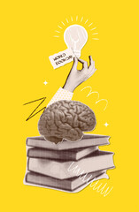 World book day concept. Nostalgic collage with halftone style book stack, brain and hand holding bulb. Education, wisdom and study. Intellectual development. Searching for ideas in a book. Vector - obrazy, fototapety, plakaty