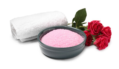 Pink sea salt in bowl, roses and towel isolated on white