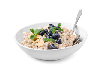 Tasty oatmeal with blueberries, mint and almond flakes in bowl isolated on white