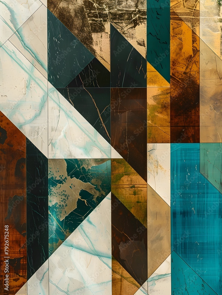 Poster abstract geometric shapes in various colors, moder backdrop, shapes look like they are overlaid on t