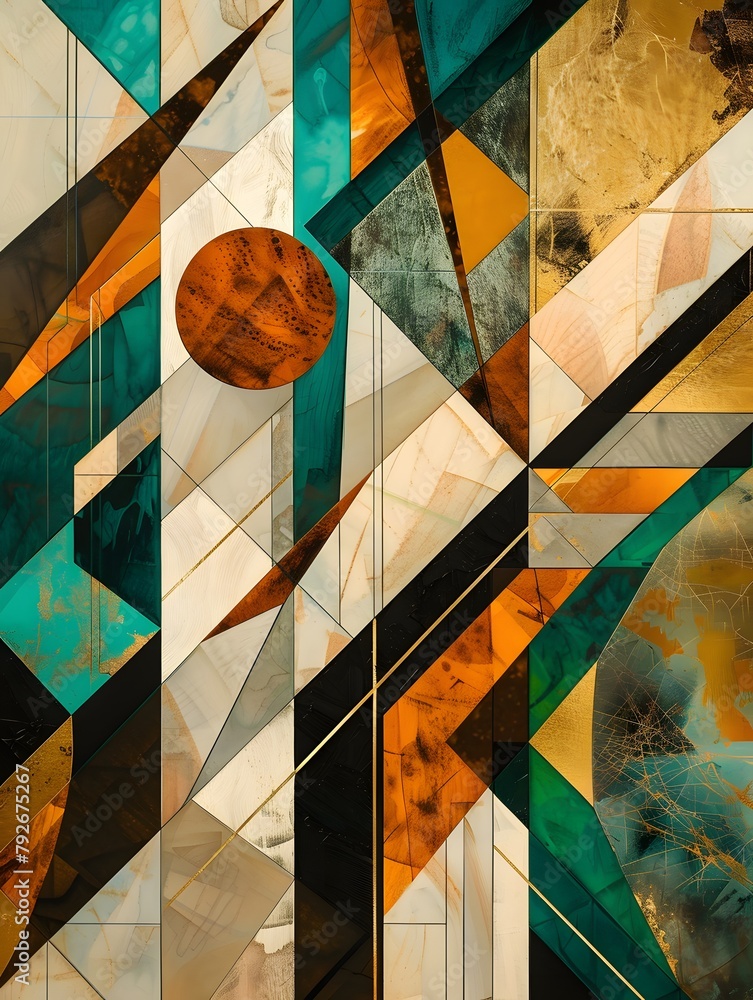 Poster abstract geometric shapes in various colors, moder backdrop, shapes look like they are overlaid on t