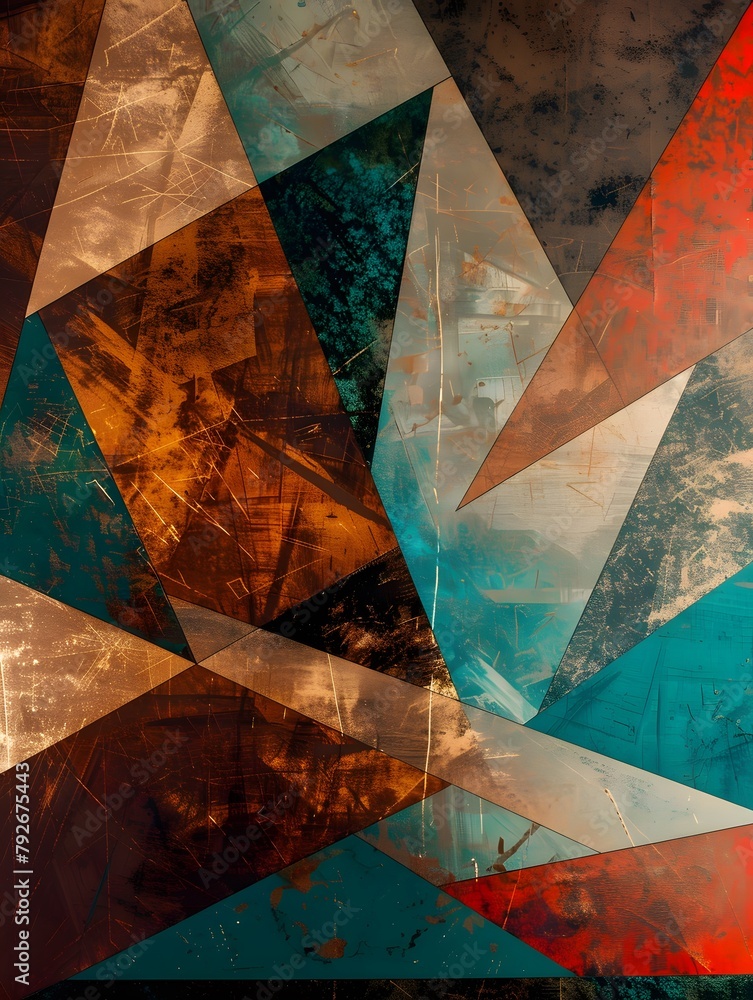 Poster abstract geometric shapes in various colors, moder backdrop, shapes look like they are overlaid on t