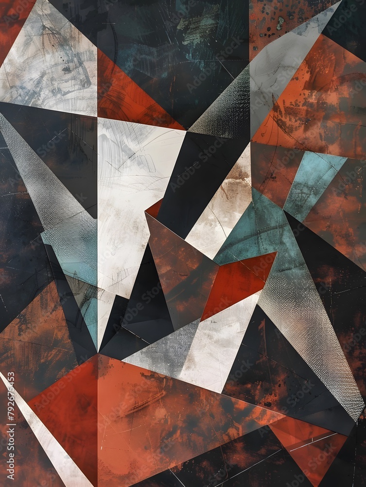 Poster abstract geometric shapes in various colors, moder backdrop, shapes look like they are overlaid on t