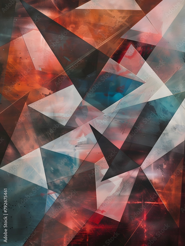 Poster abstract geometric shapes in various colors, moder backdrop, shapes look like they are overlaid on t