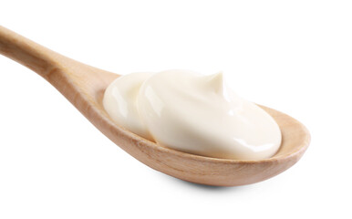 Natural yogurt in wooden spoon isolated on white