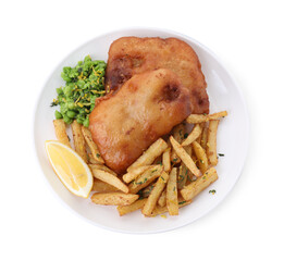 Tasty fish, chips, peas and lemon isolated on white, top view