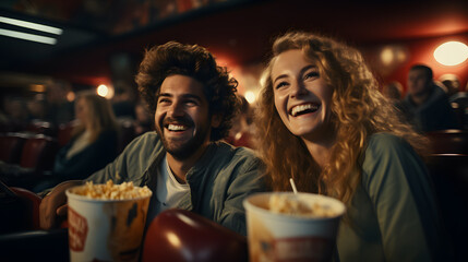 A couple sits and eats a big bucket of popcorn together in a fun, funny, stress-relieving movie theatre. 