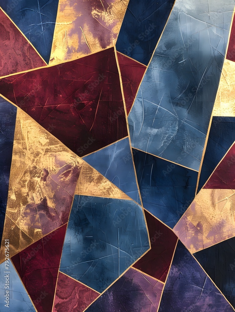 Poster abstract geometric shapes in various colors, moder backdrop, shapes look like they are overlaid on t