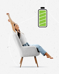 Icon of full battery charge and girl sitting on a chair relaxing and have a rest