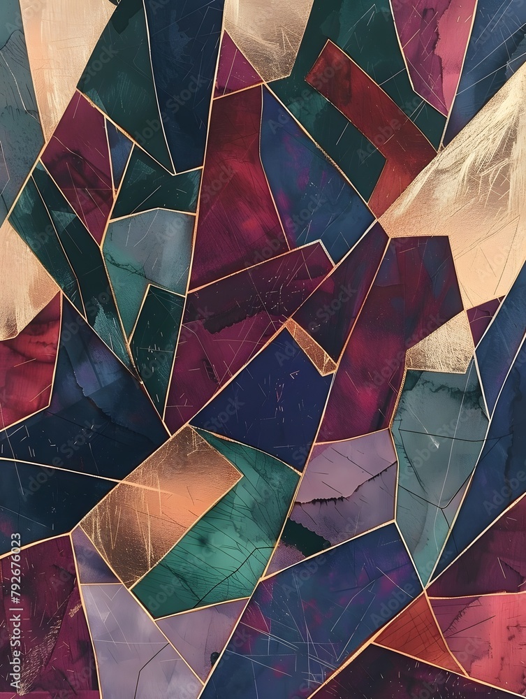 Poster abstract geometric shapes in various colors, moder backdrop, shapes look like they are overlaid on t