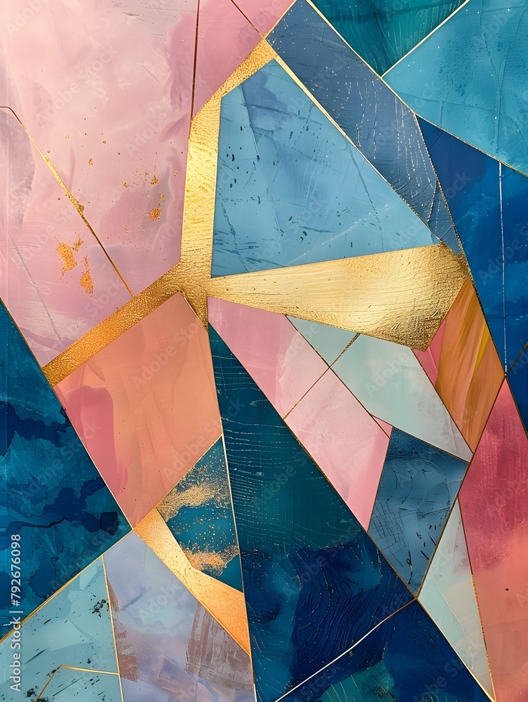 Poster abstract geometric shapes in various colors, moder backdrop, shapes look like they are overlaid on t