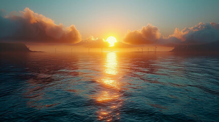 Beautiful seascape with wind turbines at sunset