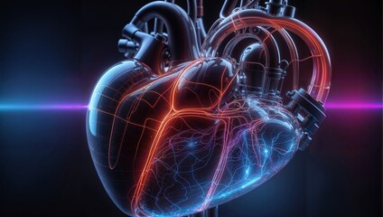 futuristic model of human heart on black background - 792676855