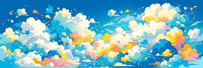 A cartoon illustration of colorful clouds and stars, in the style of pop art, with a colorful background