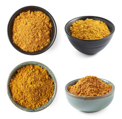 Curry in bowls isolated on white, top and side views. Collage