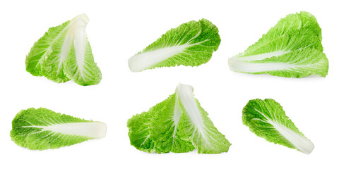 Fresh leaves of ripe Chinese cabbage isolated on white, set - obrazy, fototapety, plakaty