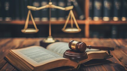 In a courtroom scene, an open law book and a wooden gavel symbolize justice in the legal system. This concept encompasses the legal system, justice, courtroom proceedings, law books, and the use of th - obrazy, fototapety, plakaty