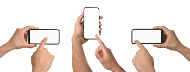 Men holding phones with blank screens on white background, closeup. Set of photos