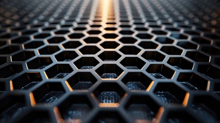 A close up of a black metal mesh with a hexagonal pattern. The mesh is backlit by a bright light. - obrazy, fototapety, plakaty