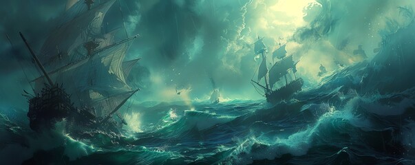 Naklejka premium A dark and stormy sea with two pirate ships battling it out.