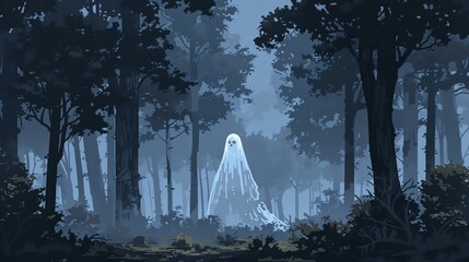 A ghost is standing in the middle of a dark forest. The ghost is wearing a white sheet with a skull-like face. The forest is full of tall trees and thick fog. - obrazy, fototapety, plakaty