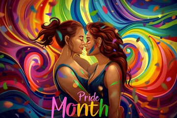 Obraz na płótnie Canvas Vibrant Pride Month Celebration Illustration With Two Women Embracing Against Colorful Swirling Background
