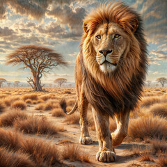 painting of a lion walking in the desert with a lone tree in the background, portrait of a lion, lion, lion warrior, king of the jungle, the mane of a lion, with the mane of a lion, highly detailed di