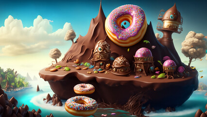fantasy chocolat island with flying donut. National Donut Day Concept Background. Generative AI