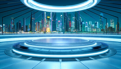 3D render futuristic city skyline with neon stage platform