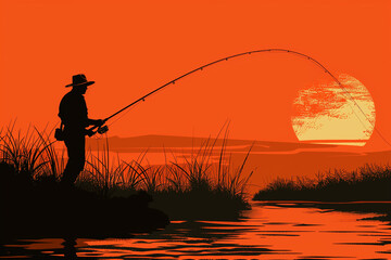 Silhouette of a lone fisherman against a bright orange sunset casting a fishing rod over a serene lake. Copy space. - 792679234