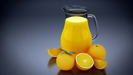 Orange juice jug and half cut oranges on black background. 3D illustration - 792679277