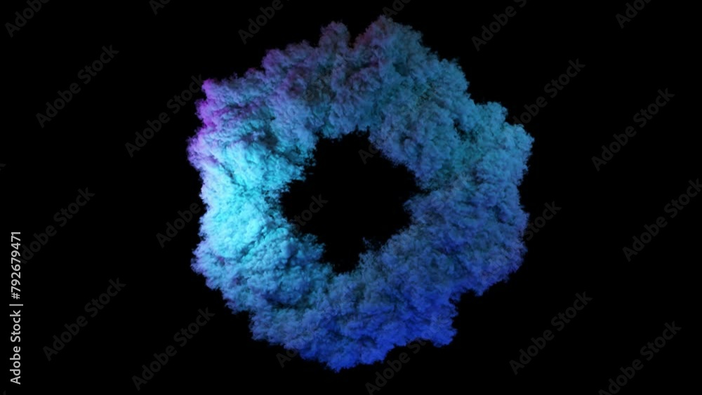 Poster 3d animation of abstract art with an explosive smoke structure with flashing neon light on an isolat