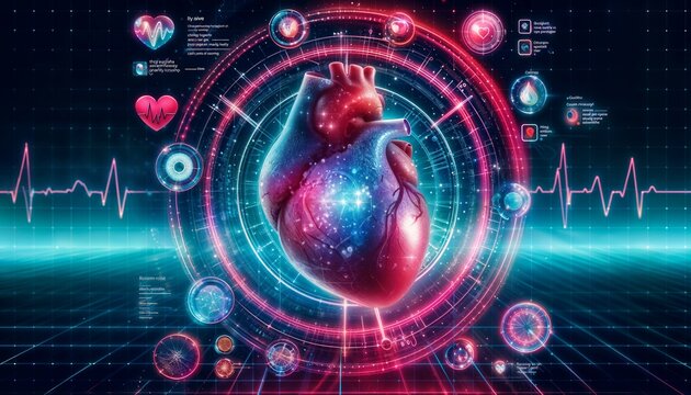 model human heart on digital screen. diagnostic future